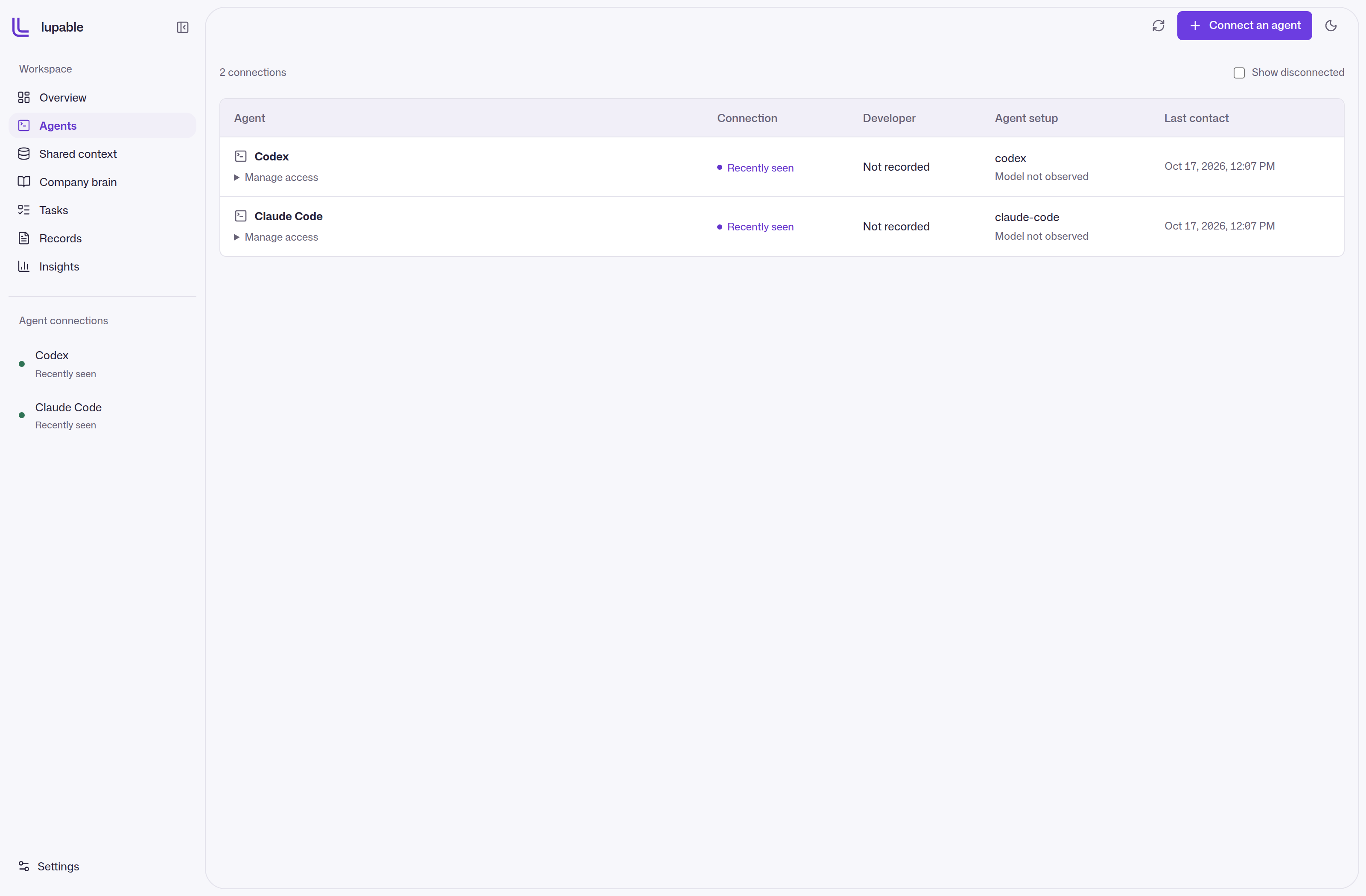 Lupable agent connections and last contact status