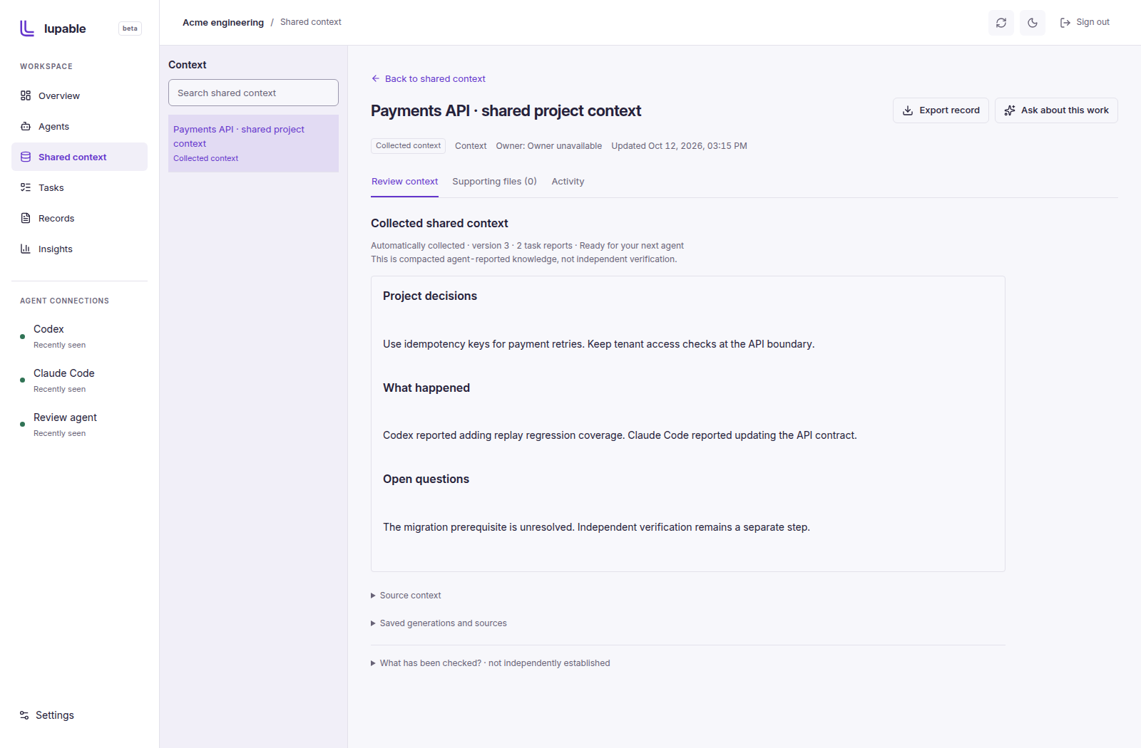 Lupable shared context: retained project decisions, work summaries and open questions
